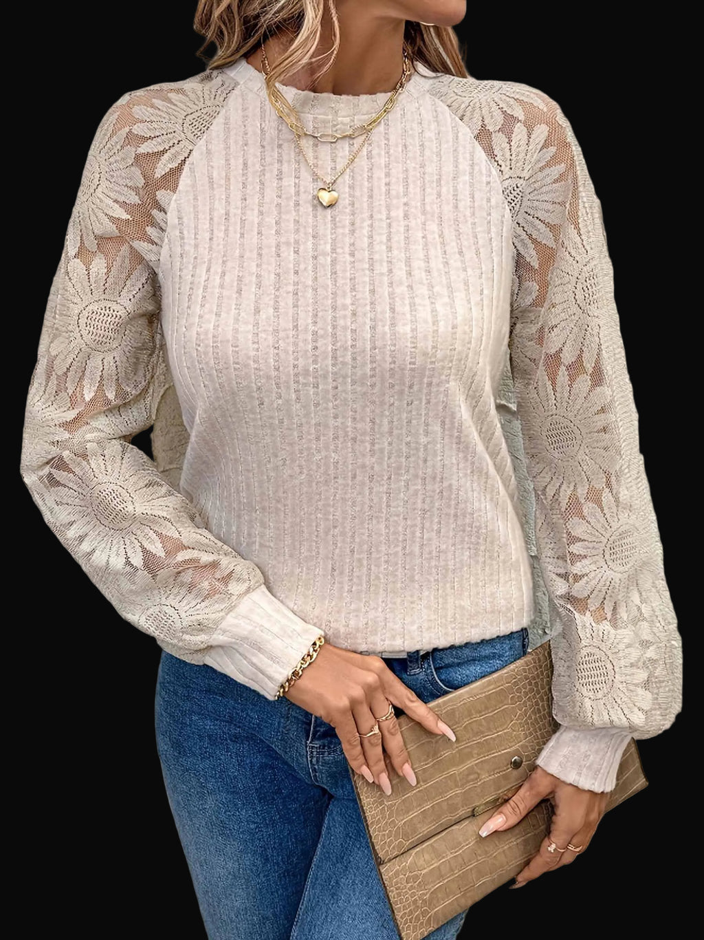Womens Lace Patchwork Long Sleeved Top