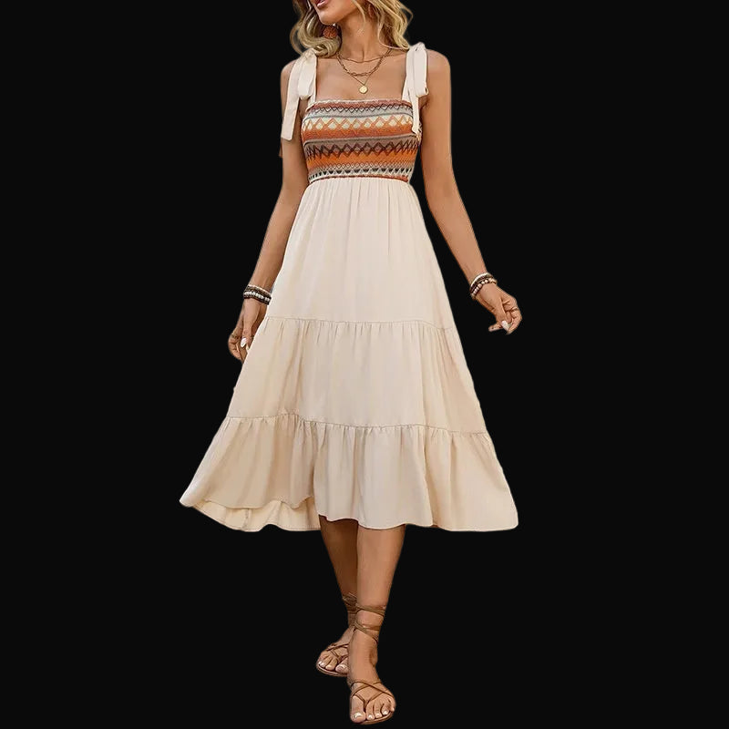 Suhkasana Womens Boho Smocked Bodice Midi Dress with Tie Shoulder Straps: Apricot