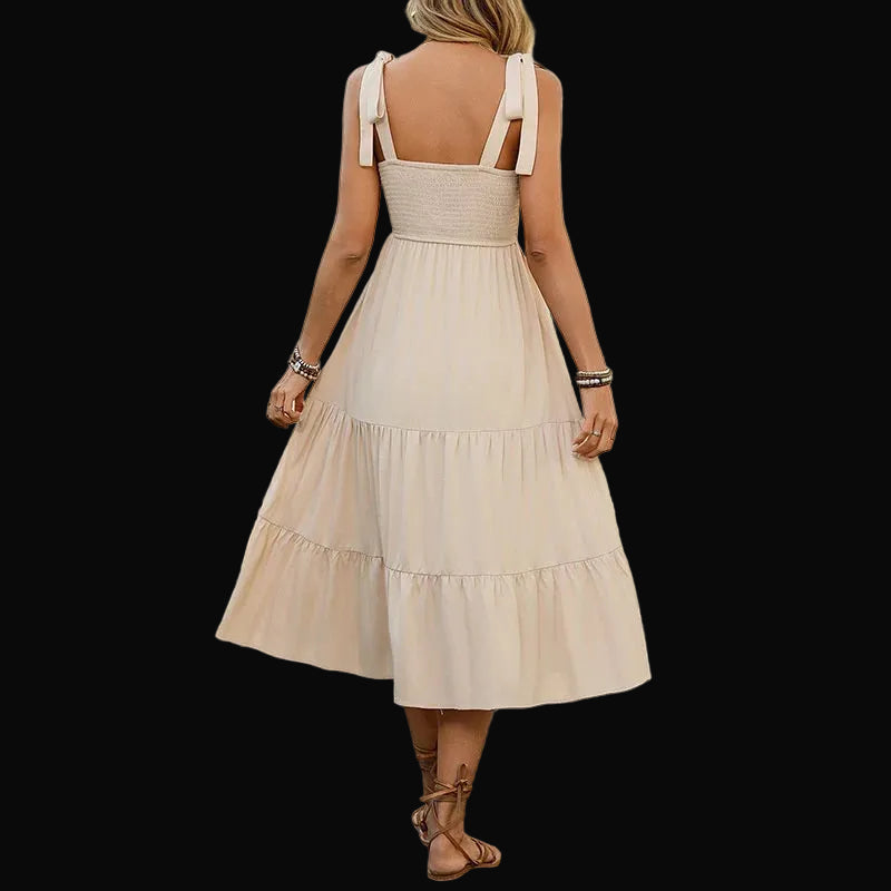 Suhkasana Womens Boho Smocked Bodice Midi Dress with Tie Shoulder Straps: Apricot