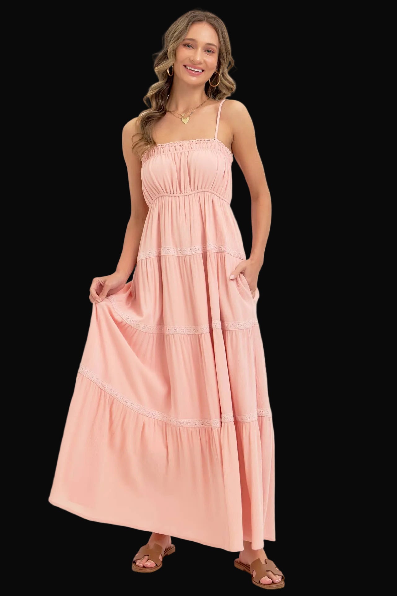 Sweet Lovely by Jen Womens Smocked Brodice Tiered Maxi Dress: Sand / Contemporary