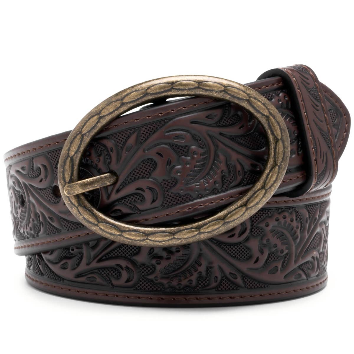 Floral Tooled Leather Western Belt with Antique Brass Buckle: Brown