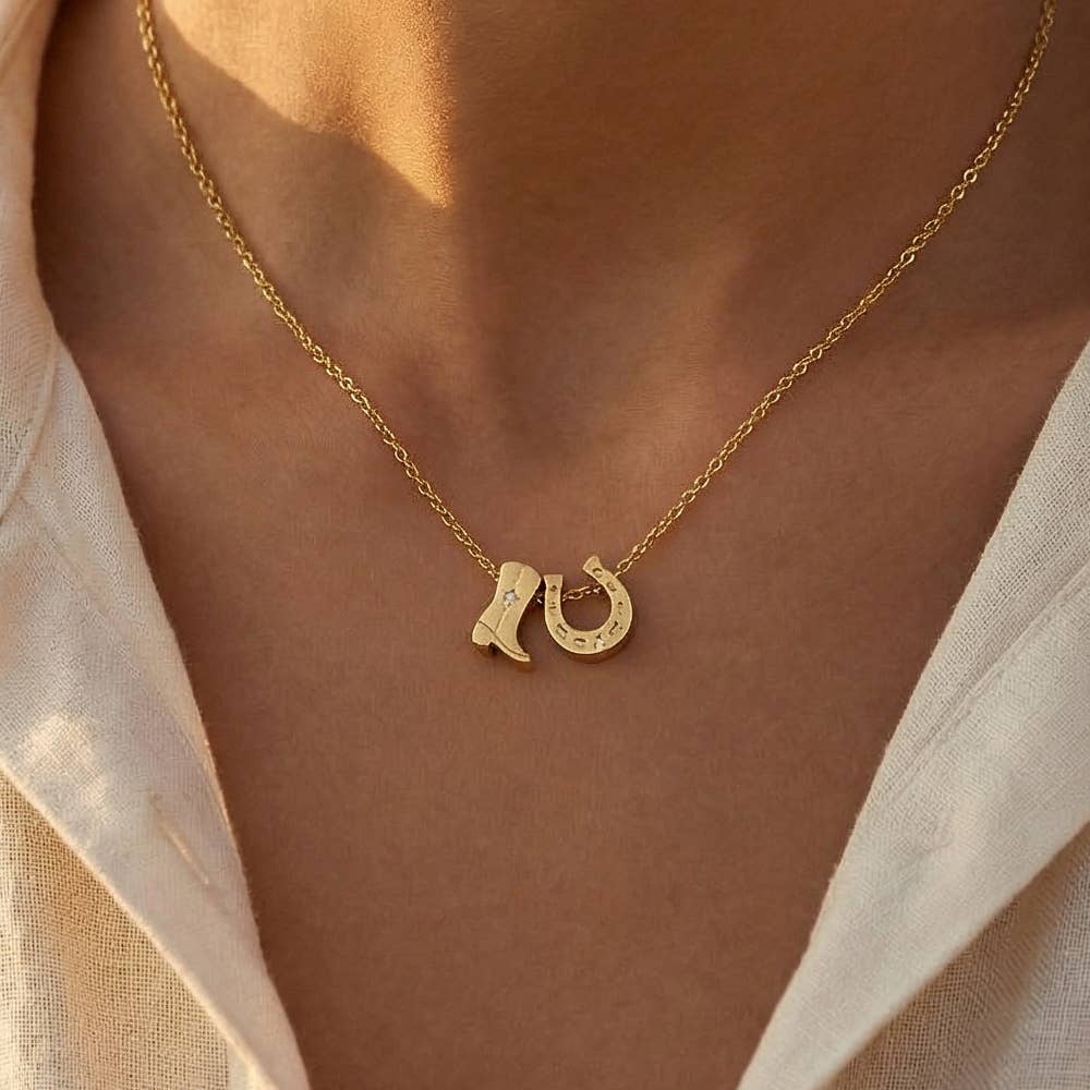 Fame Accessories Cowboy Boots Horse Shoe Charm Necklace