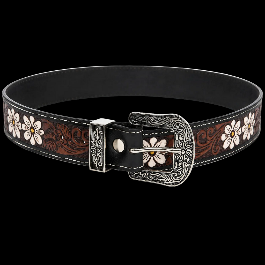 Leather Impressions Tooled Leather Belt with White Floral Accent