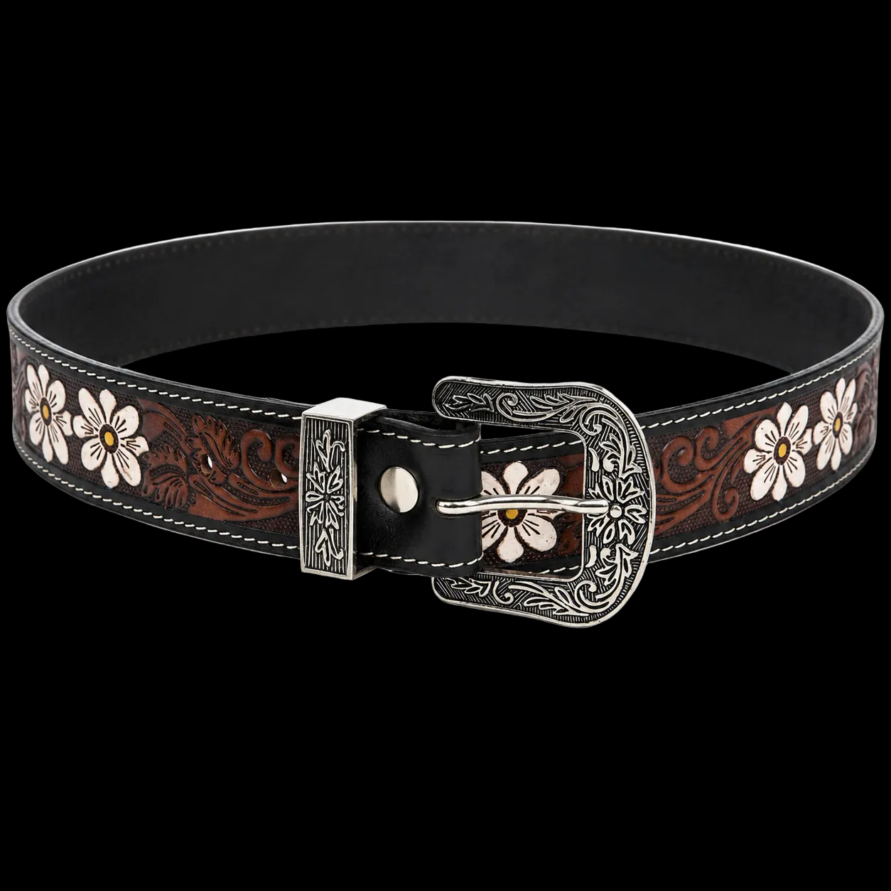 Leather Impressions Tooled Leather Belt with White Floral Accent
