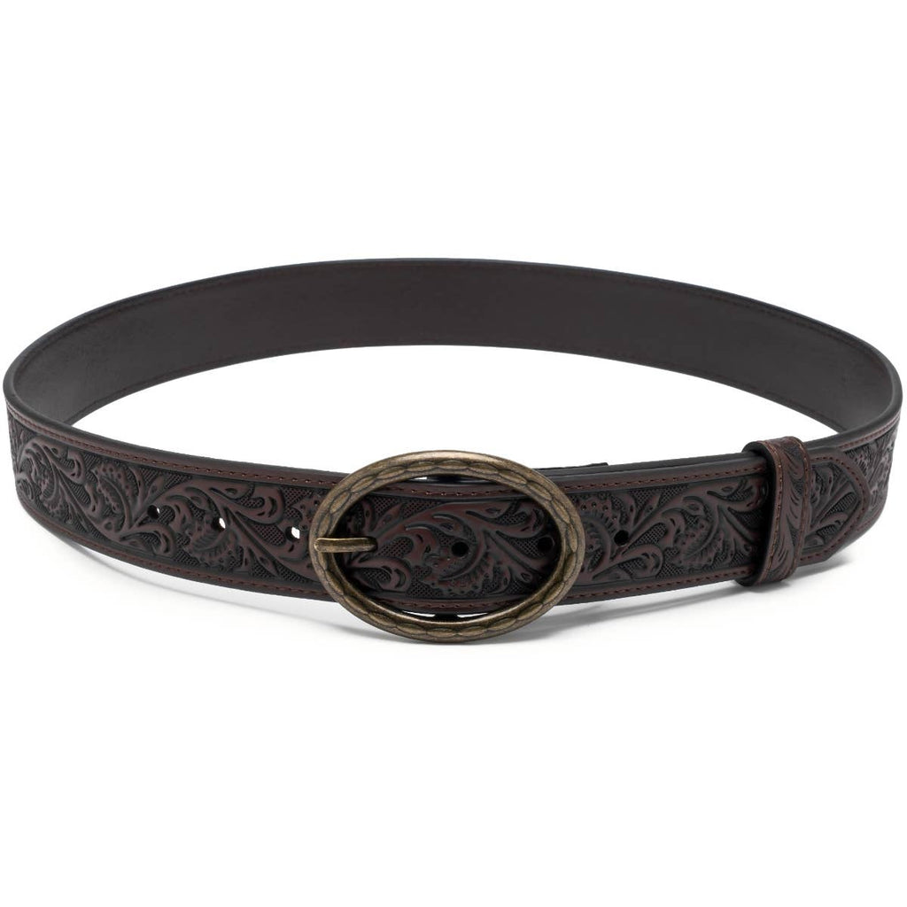 Floral Tooled Leather Western Belt with Antique Brass Buckle: Brown
