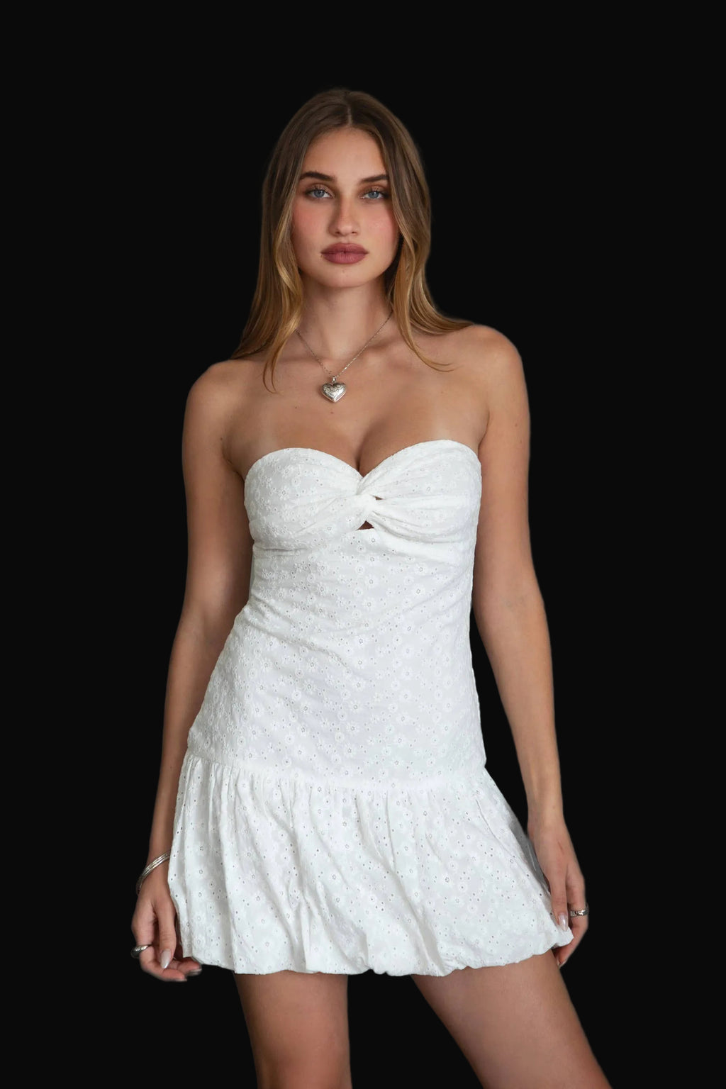 Embroidered Strapless Bubble Hem Mini Dress
