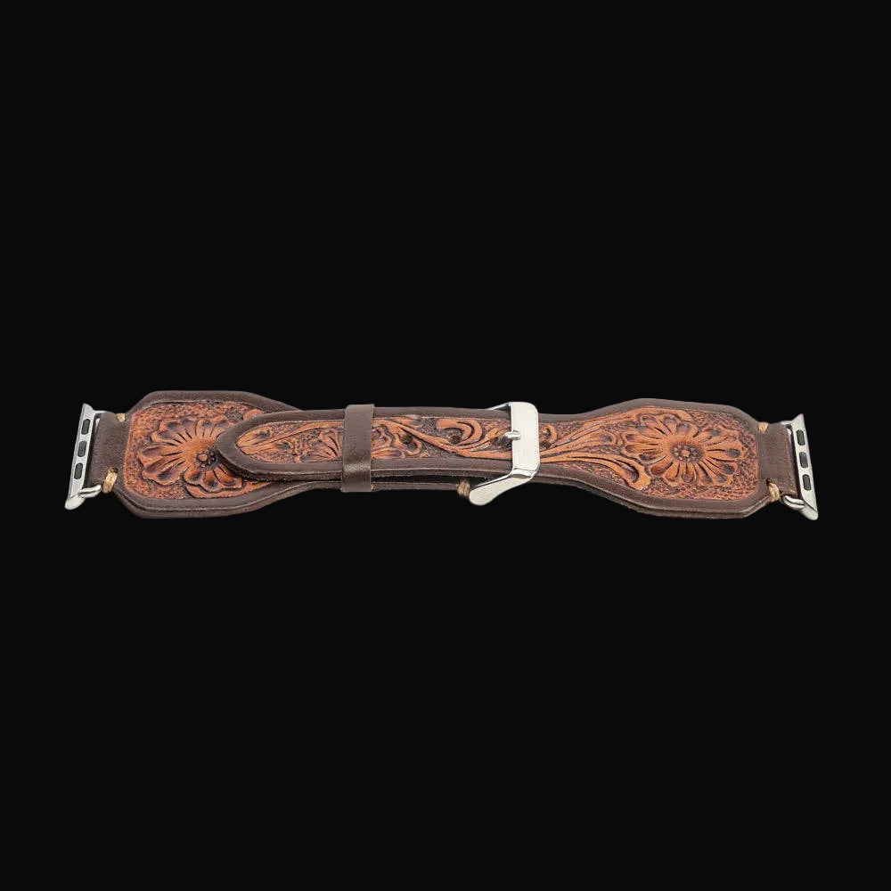Lone Star Handtooled Leather Watch Band in Antique Mahogany