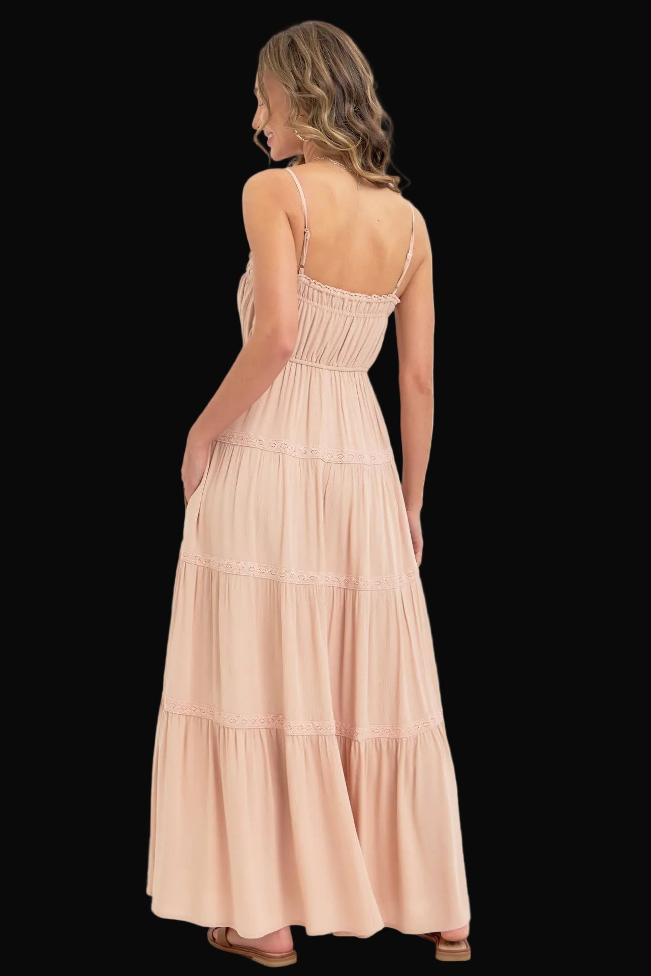 Sweet Lovely by Jen Womens Smocked Brodice Tiered Maxi Dress: Sand / Contemporary