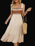 Boho Smocked Bodice Midi Dress with Tie Shoulder Straps: Apricot