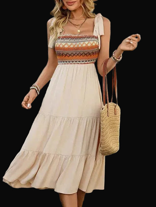 Boho Smocked Bodice Midi Dress with Tie Shoulder Straps: Apricot