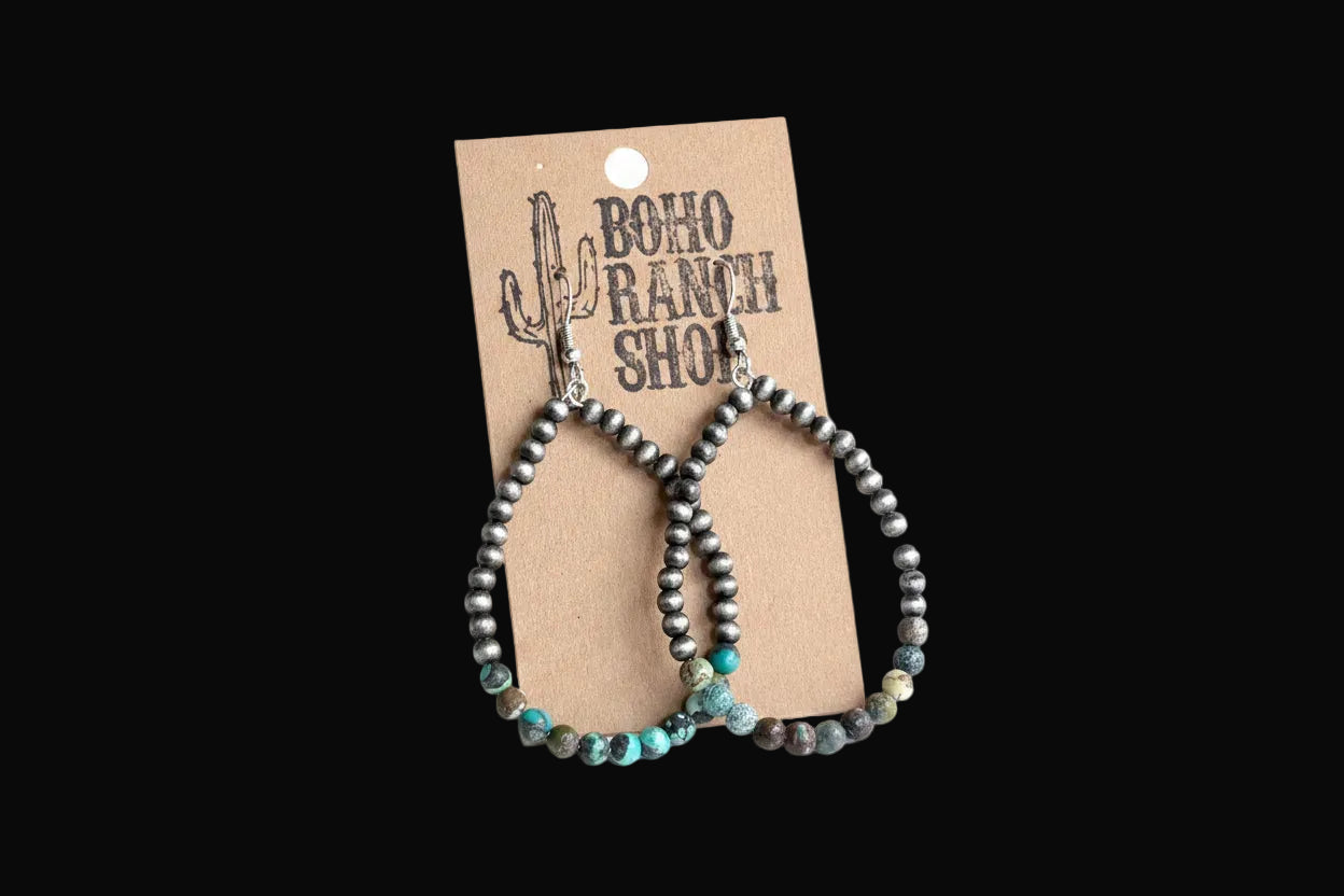 Western Navajo Style Pearl Teardrop Hoop Dangle Earrings: Silver