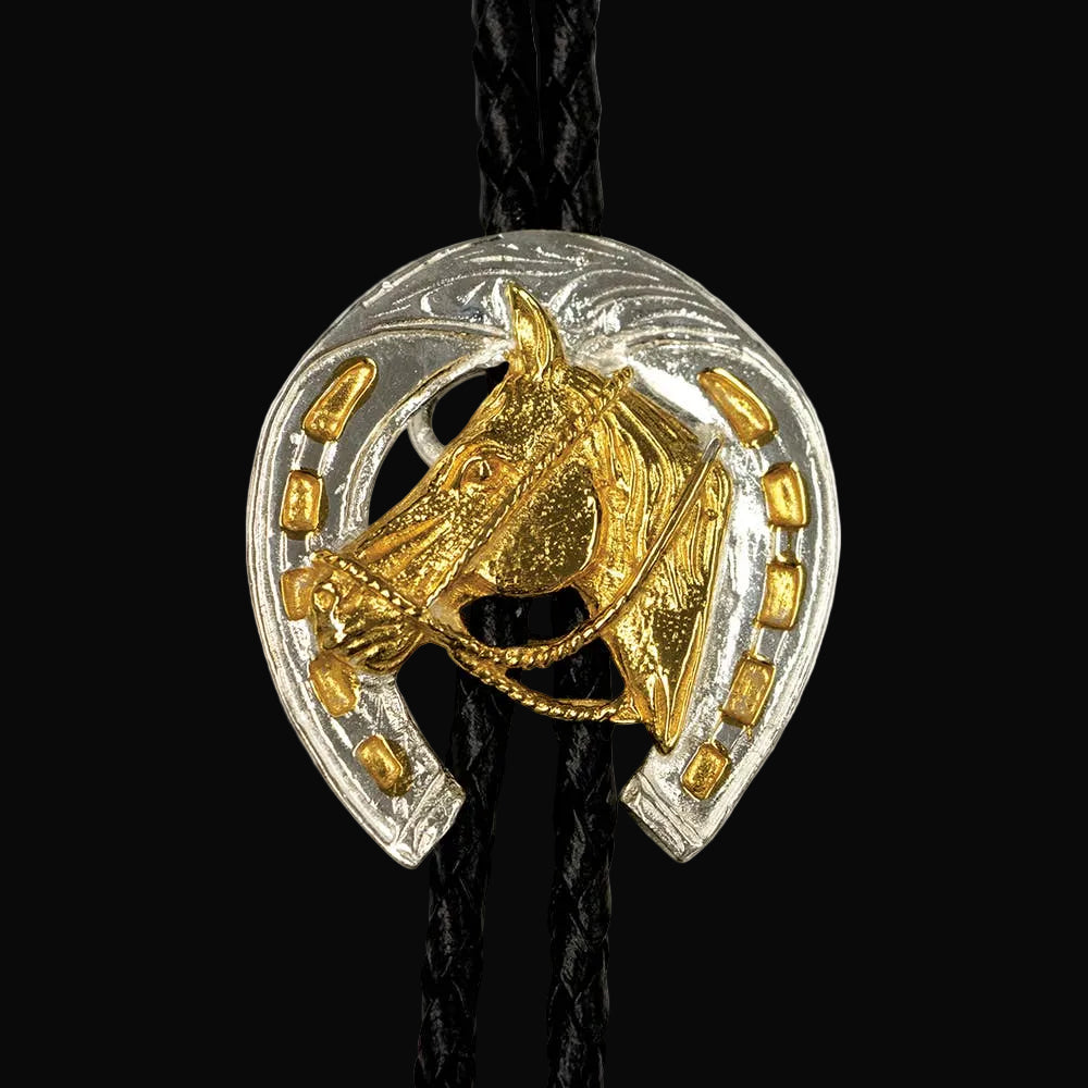 Horseshoe German Silver Bolo Tie with Horse Head