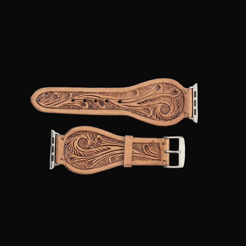 Lone Star Handtooled Leather Watch Band in Light Saddle Tan