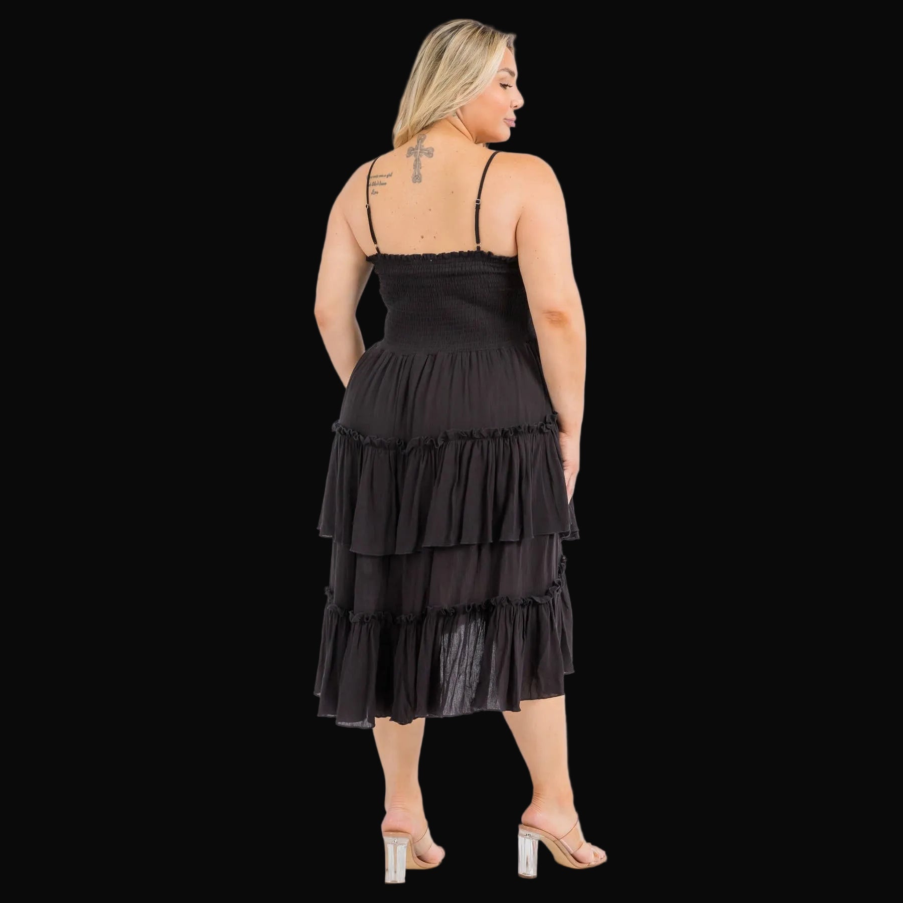 PLUS SIZE SQUARE NECK SMOCKED BODICE TIERED RUFFLE HEM MIDI: Black