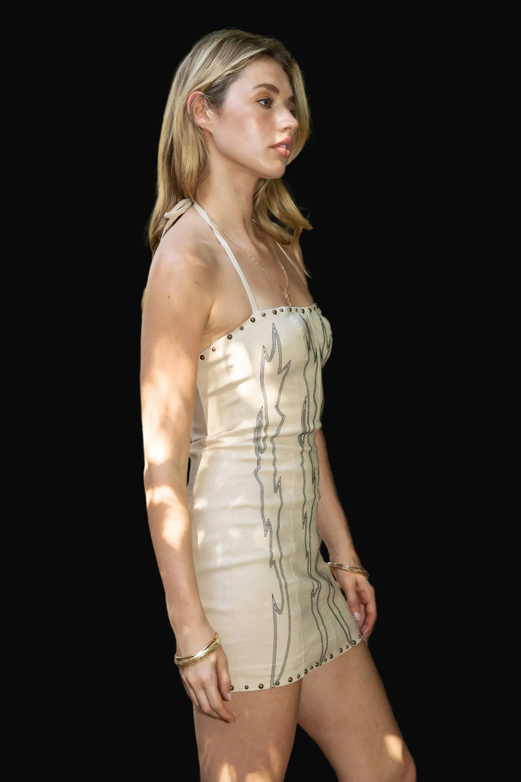 ELSIE Embroidered Western Mini Halter Dress - CREAM