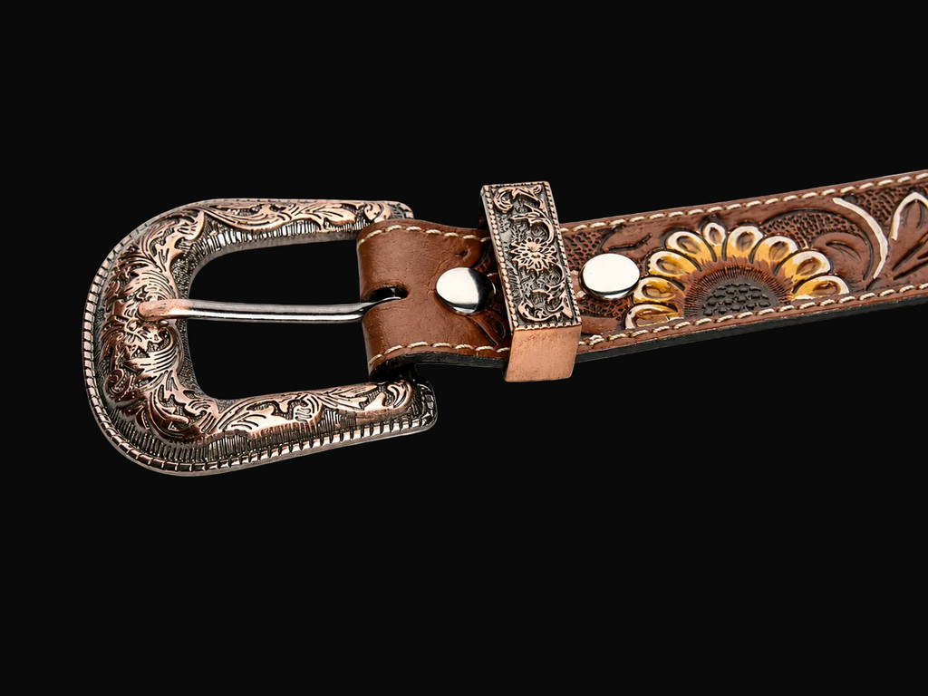 Leather Impressions Brown Tooled Leather Belt with Sunflower Detail