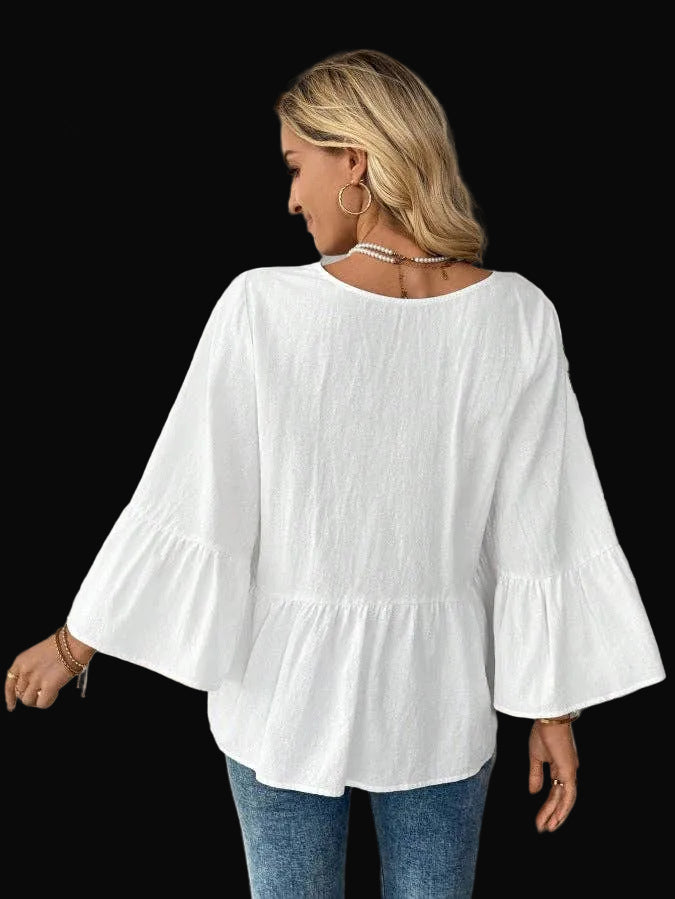 Cotton V-Neck Ruffle Sleeve Top Flowy Loose Blouse