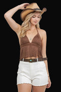 Saints & Hearts Women's Chocolate Short Fringe Faux Suede Halter Crop Top