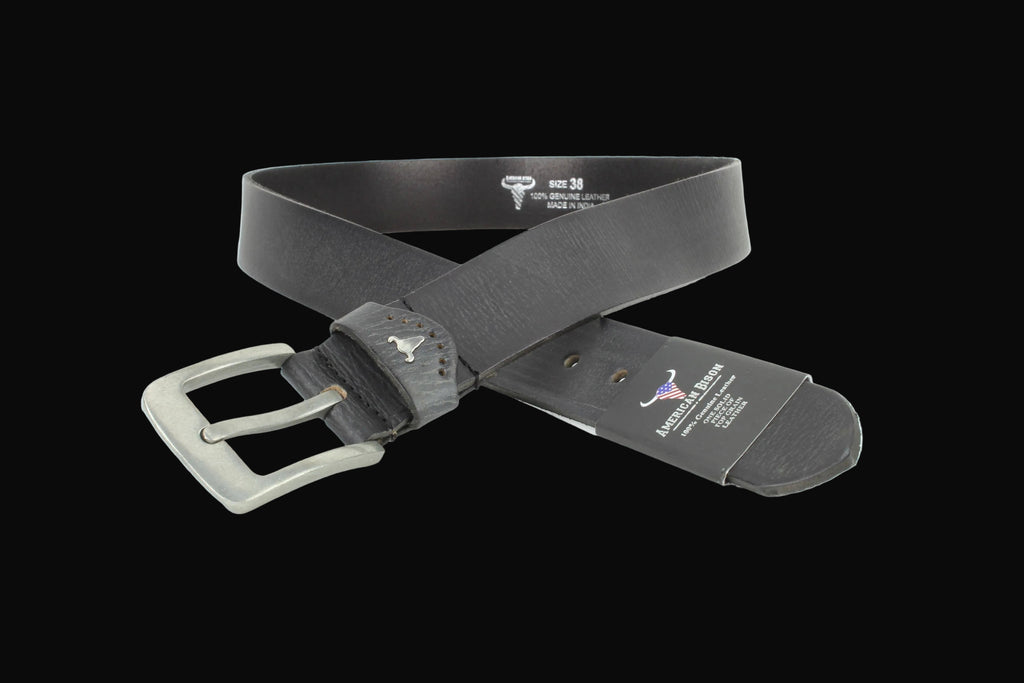 Leather Impressions Grain Leather Belt w/ Western Loop & Metal Logo: Black