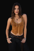 Low Open Back Faux Suede Fringe Halter Top