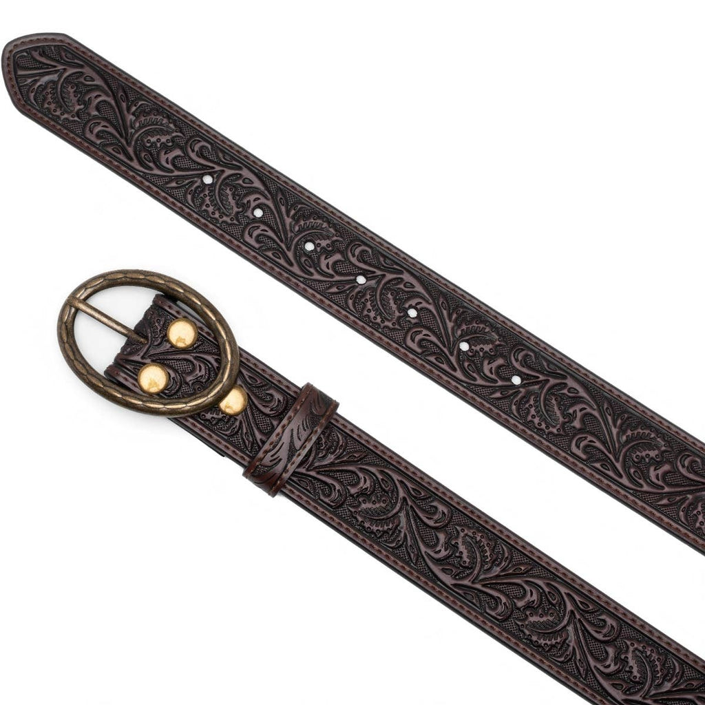 Floral Tooled Leather Western Belt with Antique Brass Buckle: Brown