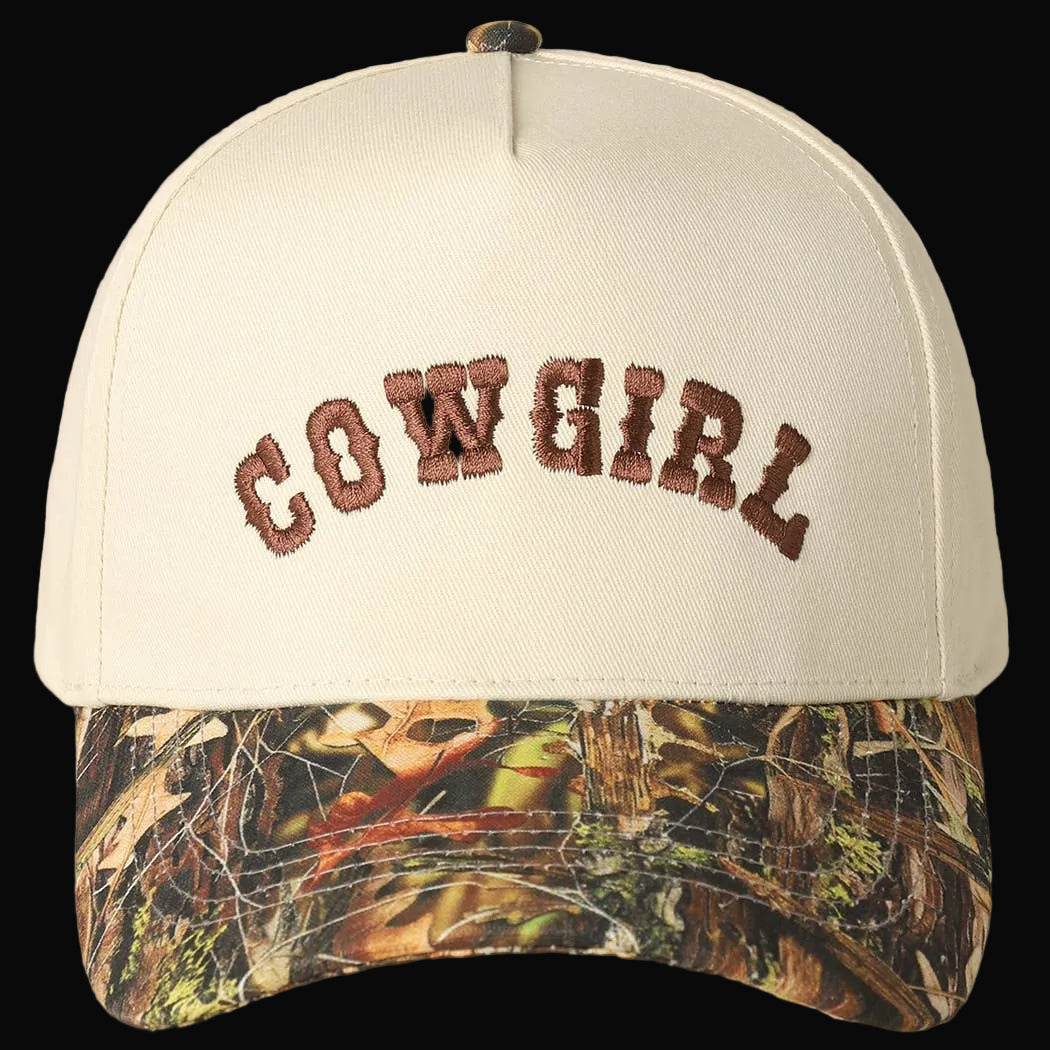 COWGIRL Lettering Embroidery Camo Two-Tone Cap: CAMO-BROWN / ONE SIZE
