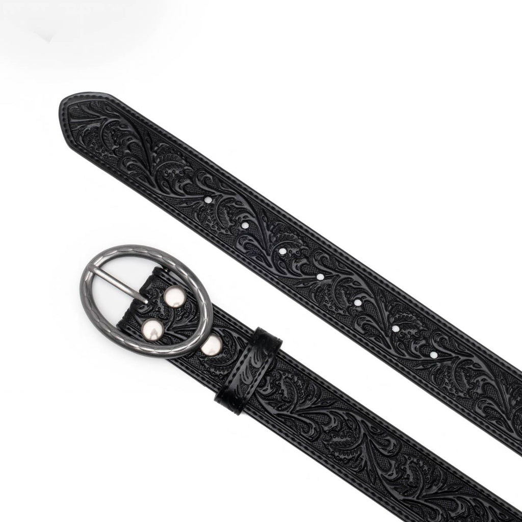 Floral Tooled Leather Western Belt with Antique Silver Buckle: Black