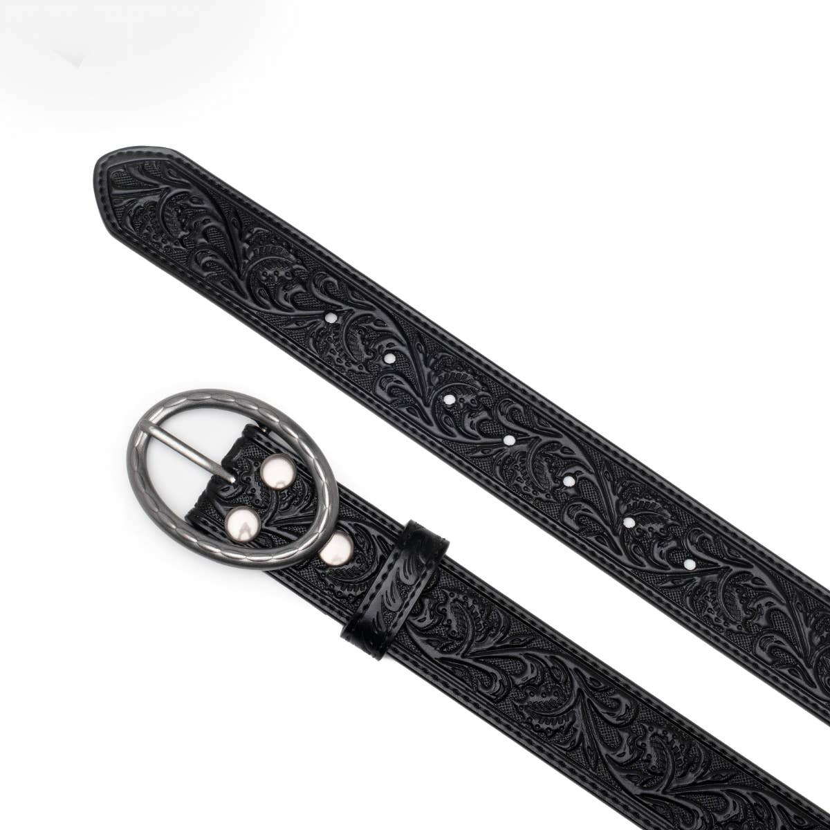 Floral Tooled Leather Western Belt with Antique Silver Buckle: Black