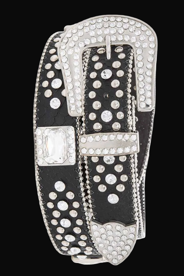 Rope & Spurs Crystal Square Heavy Stud Western Belt: Black/Clear