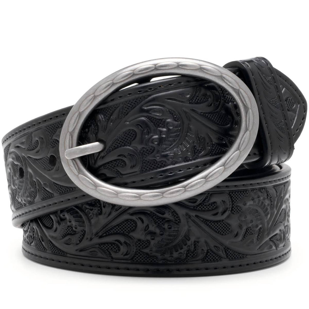 Floral Tooled Leather Western Belt with Antique Silver Buckle: Black