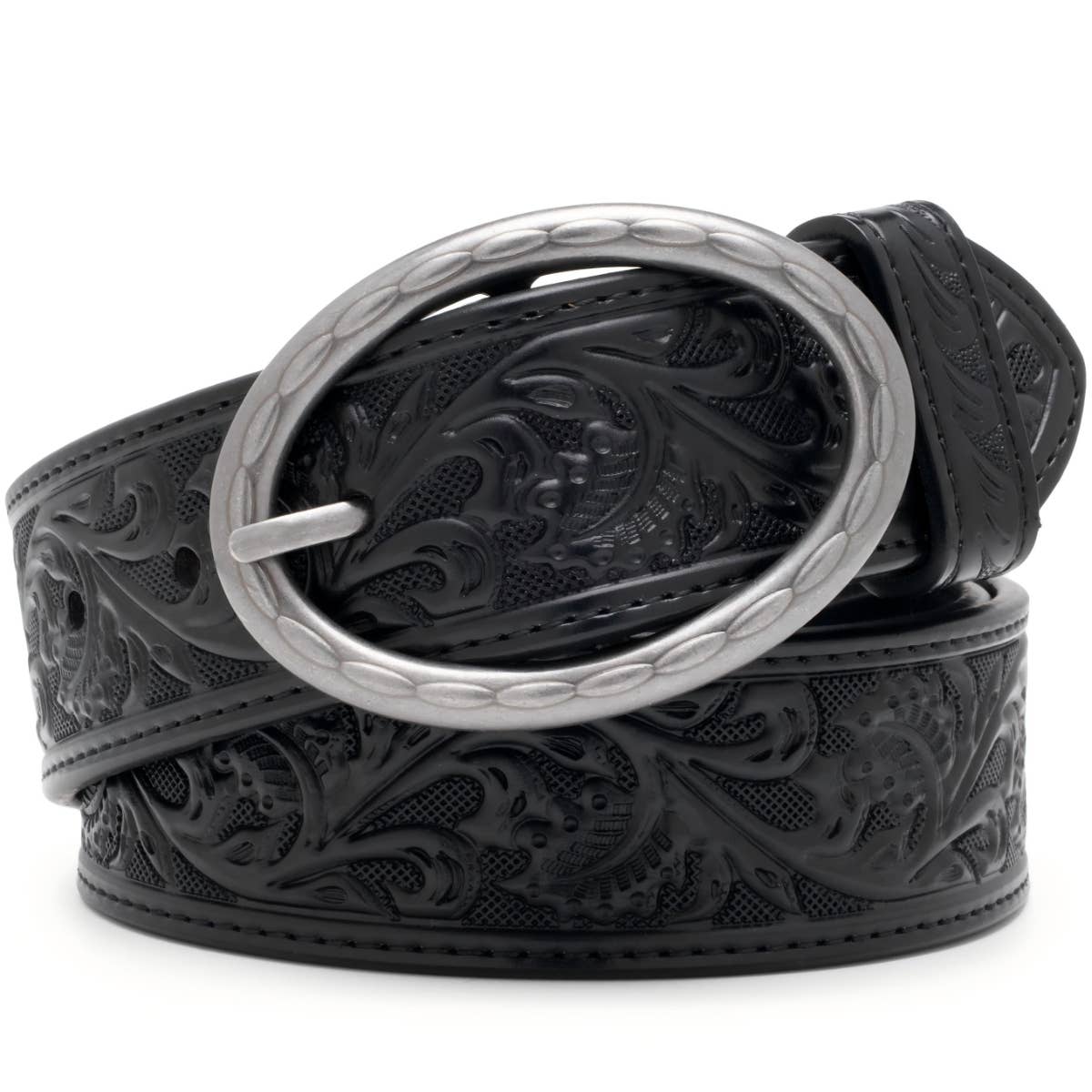 Floral Tooled Leather Western Belt with Antique Silver Buckle: Black