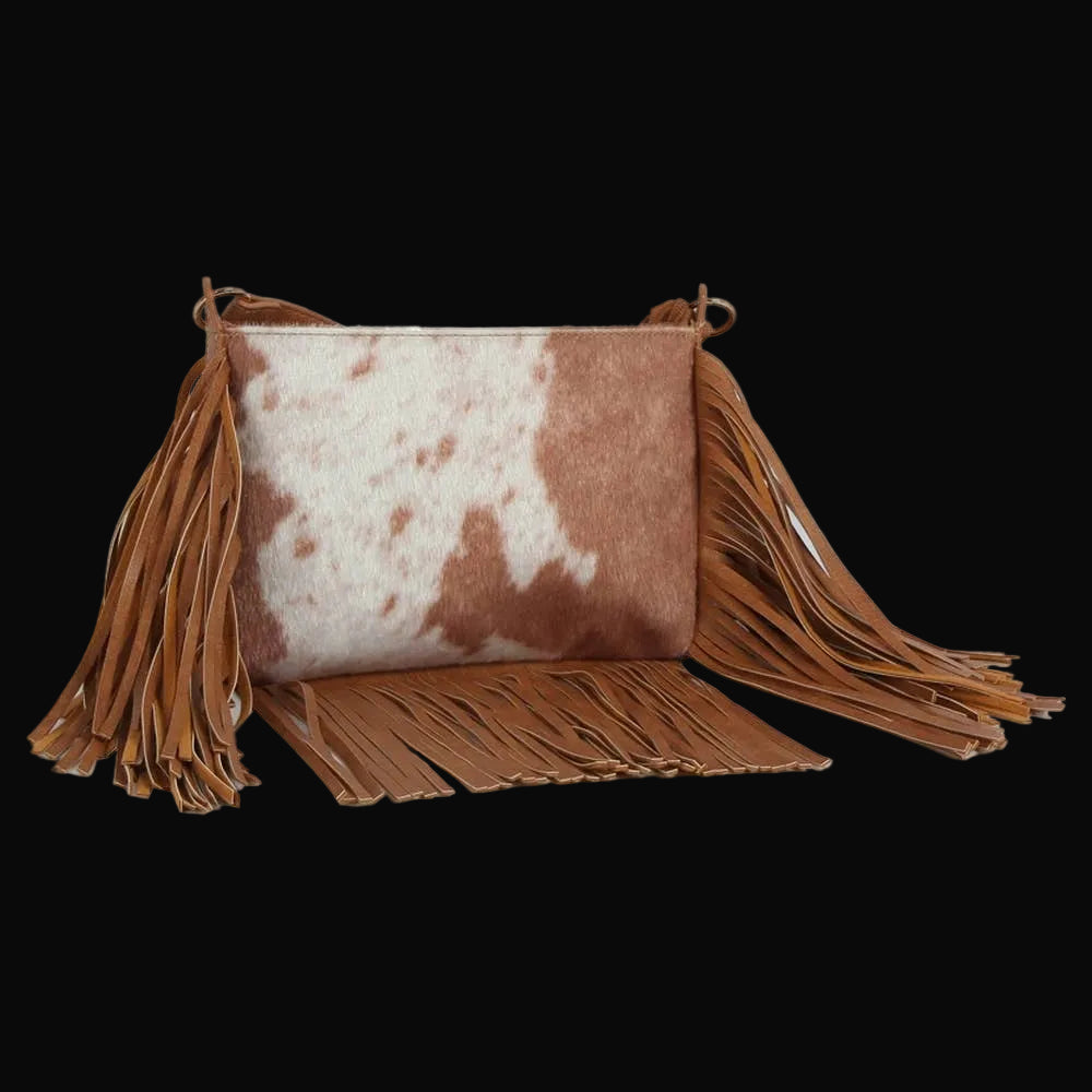 Calf Hair Cow Printed Fringe Crossbody Bag - Brown