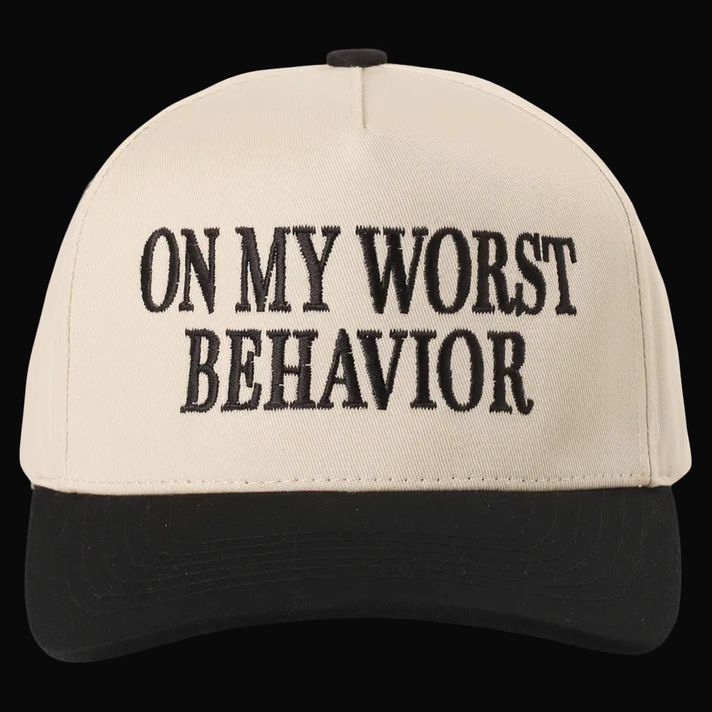 Fashion City On My Worst Behavior Embroidered Trucker Hat: Brown