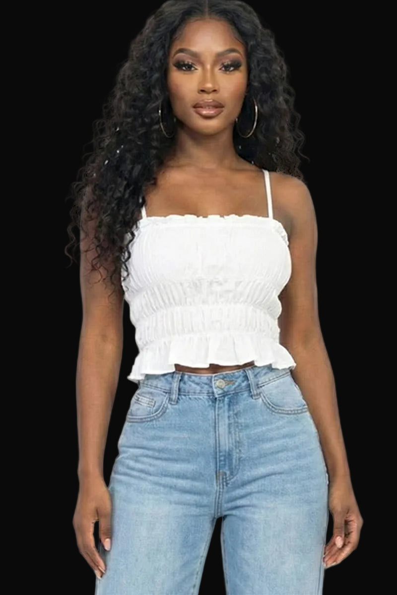 Tiered Shirred Body Crop Top: White
