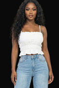 Tiered Shirred Body Crop Top: White