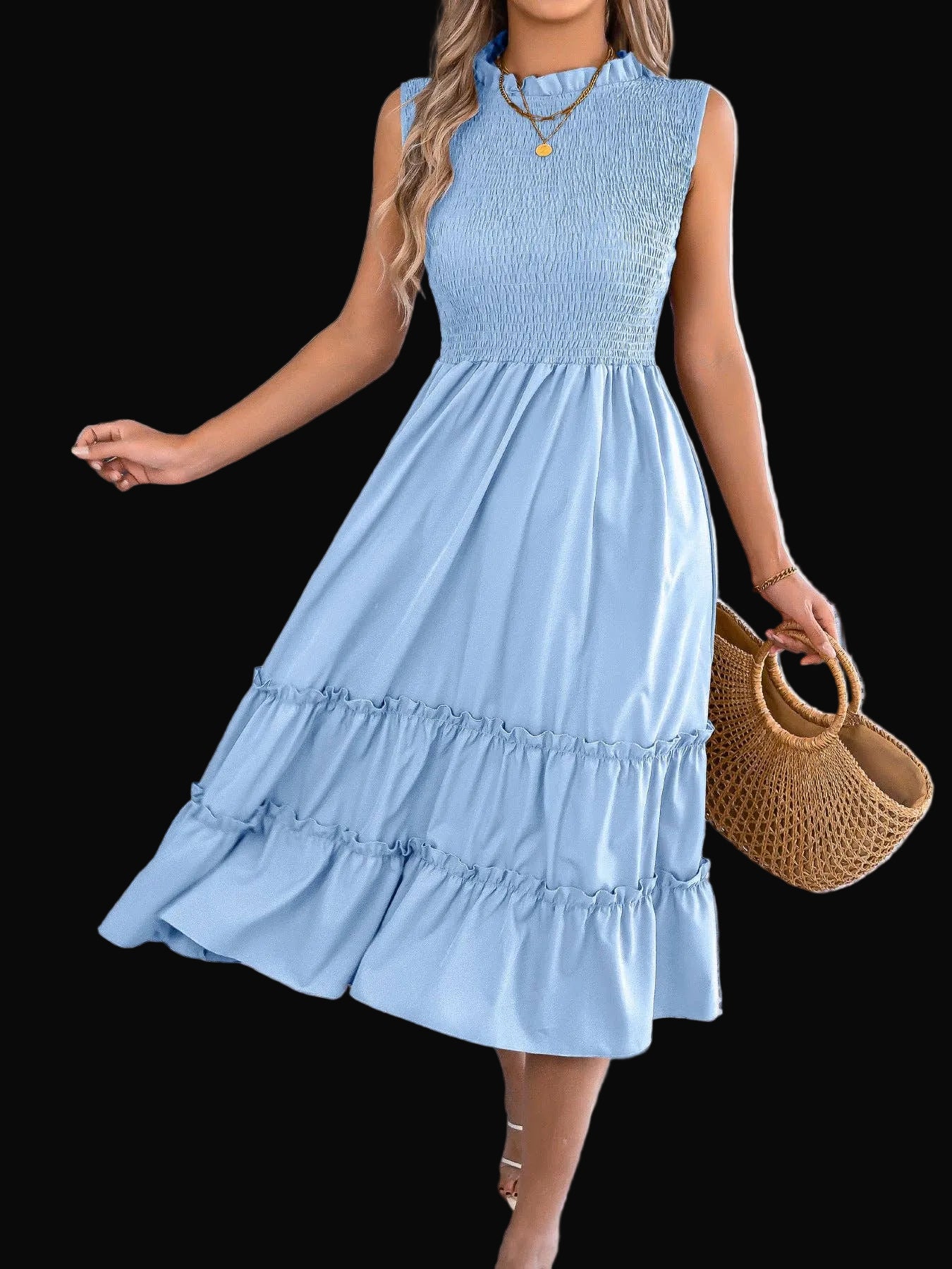 Smocked Sleeveless Ruffle Midi Dress Flowy Summer