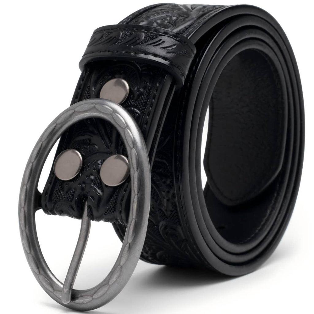 Floral Tooled Leather Western Belt with Antique Silver Buckle: Black