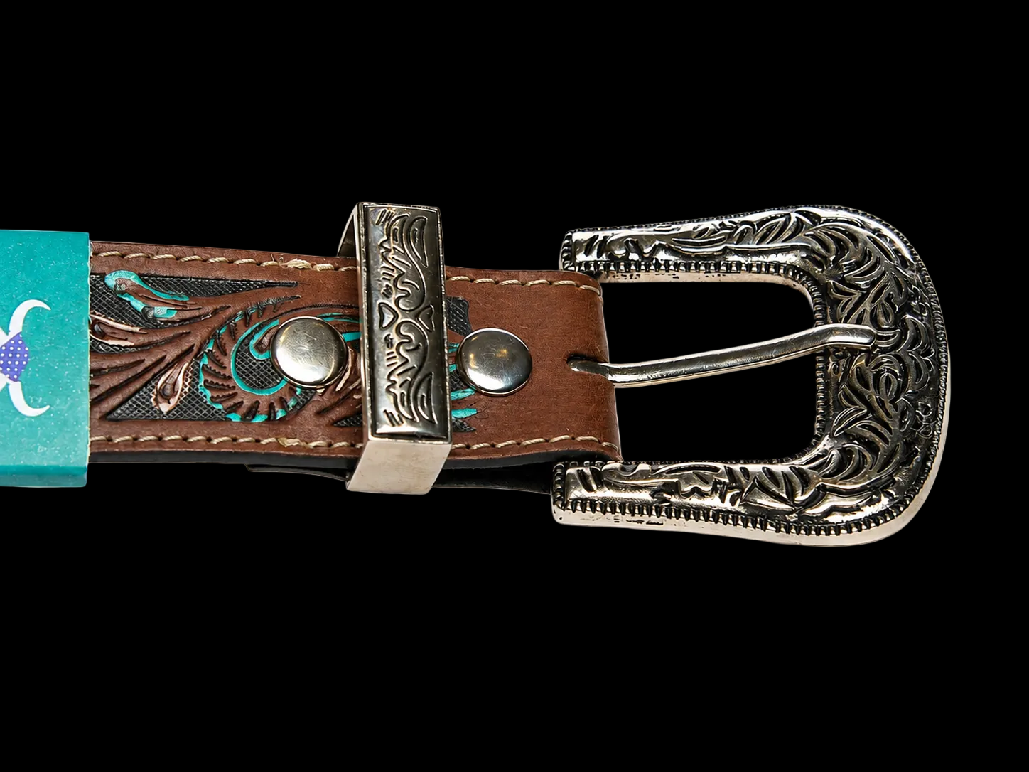 Leather Impressions Filigree Leather Belt with Floral Turquoise