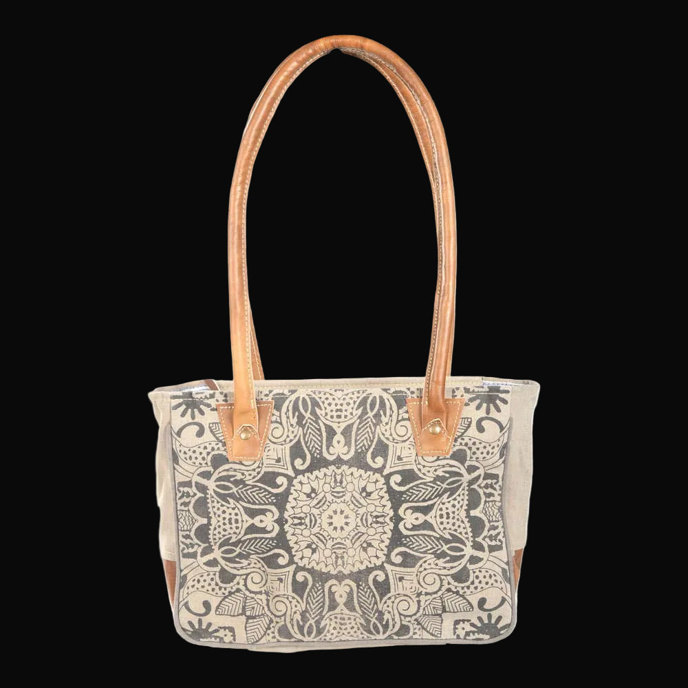 Tan Canvas Shoulder Bag With Print