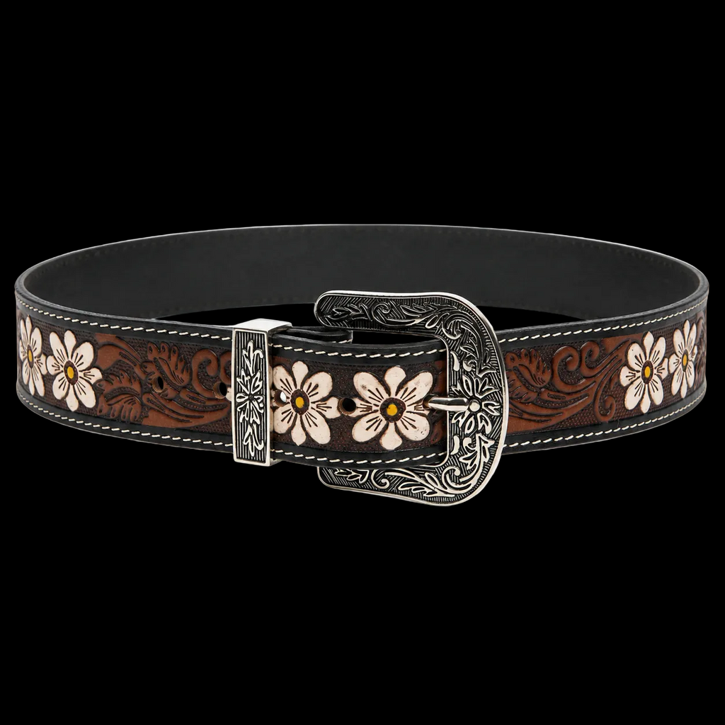 Leather Impressions Tooled Leather Belt with White Floral Accent