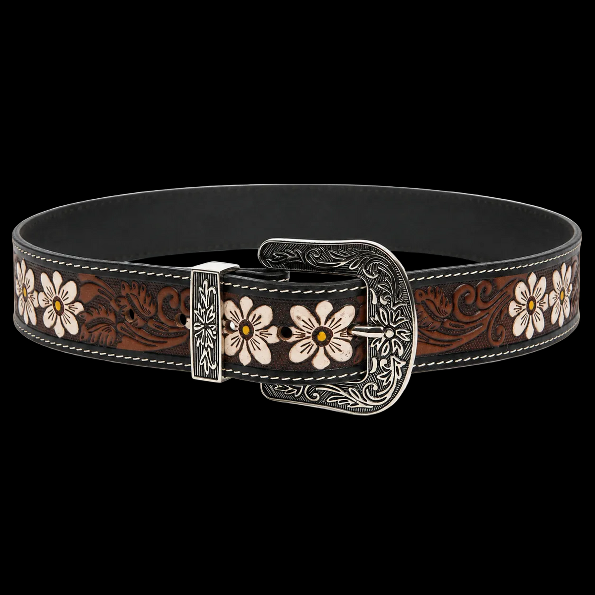 Leather Impressions Tooled Leather Belt with White Floral Accent