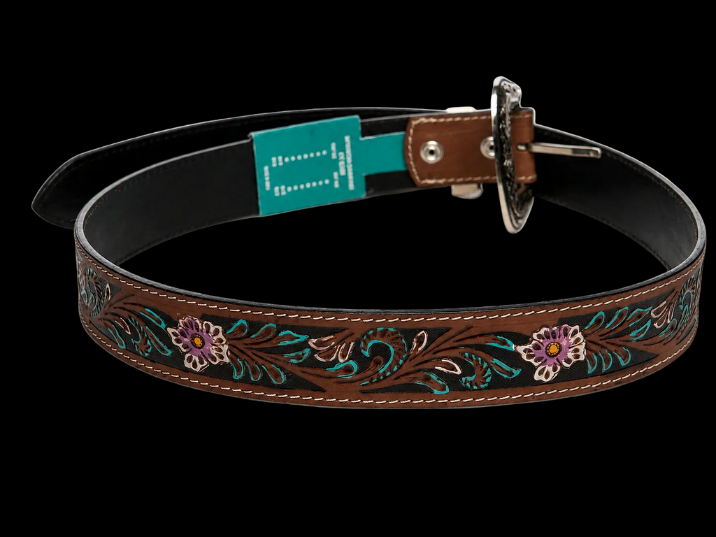 Leather Impressions Filigree Leather Belt with Floral Turquoise