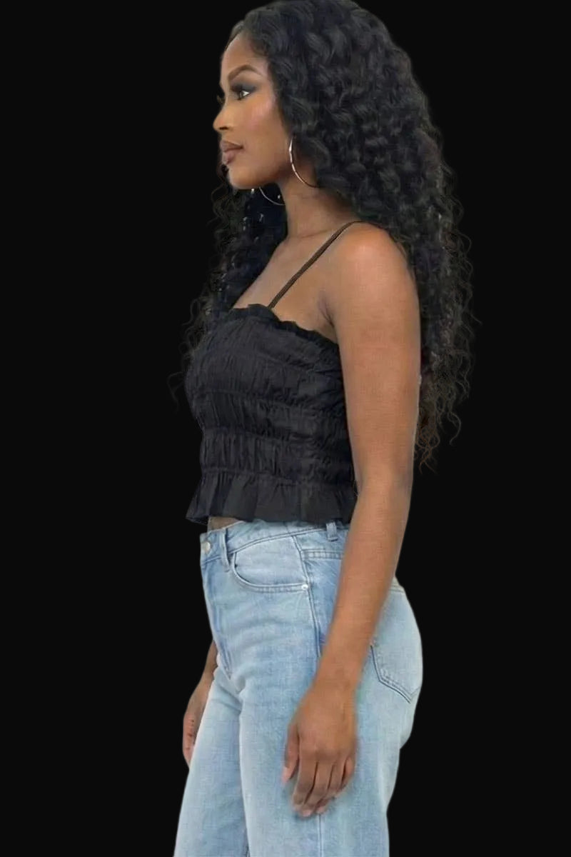 Tiered Shirred Body Crop Top: Black