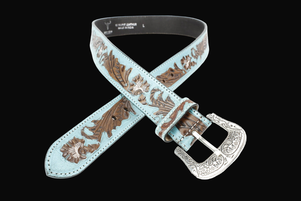 Turquoise Tooled Floral Belt Brown Accents ABB WST 09
