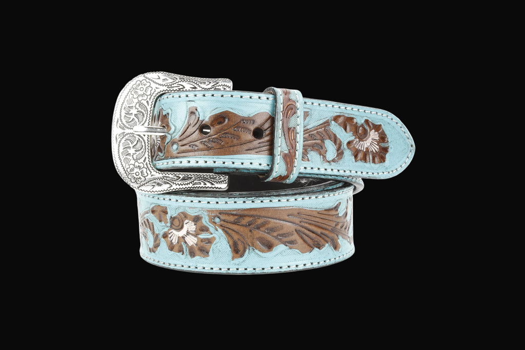 Turquoise Tooled Floral Belt Brown Accents
