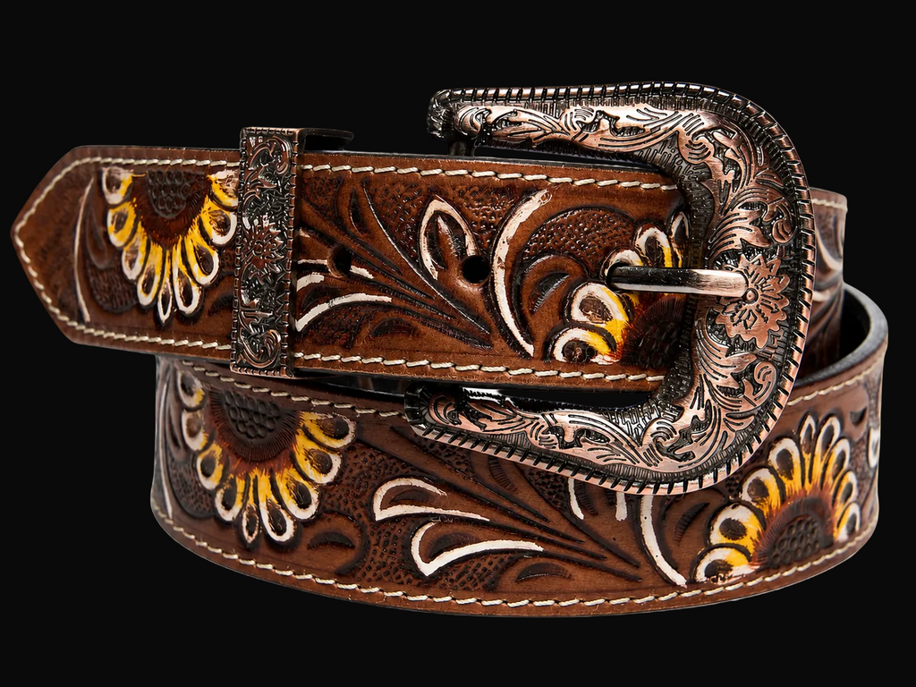 Leather Impressions Brown Tooled Leather Belt with Sunflower Detail