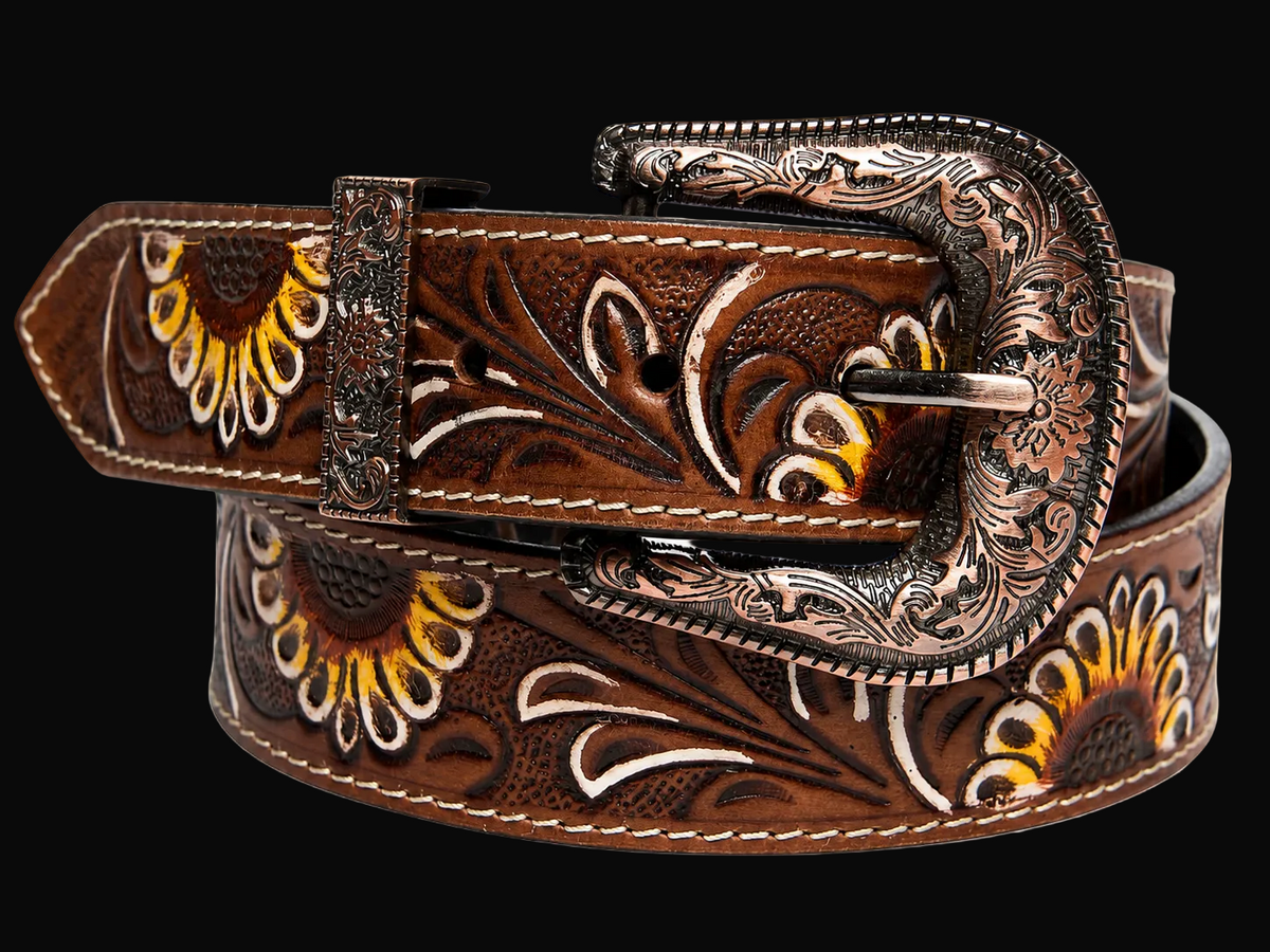 Leather Impressions Brown Tooled Leather Belt with Sunflower Detail
