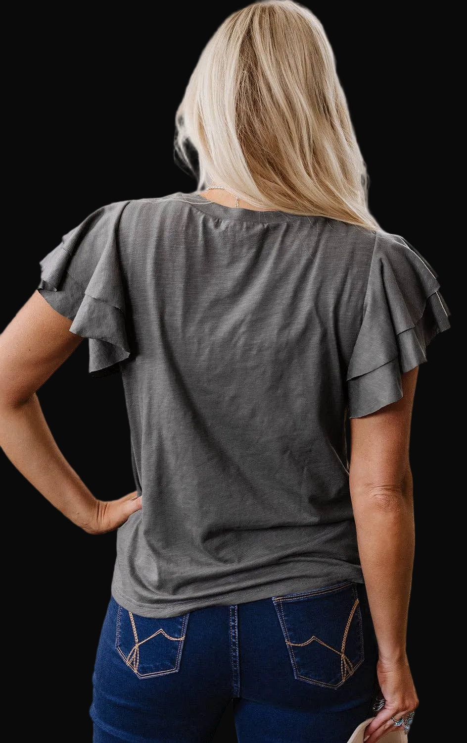 Dark Grey Ruffle Sleeve Tee Casual Summer Top: Dark Grey