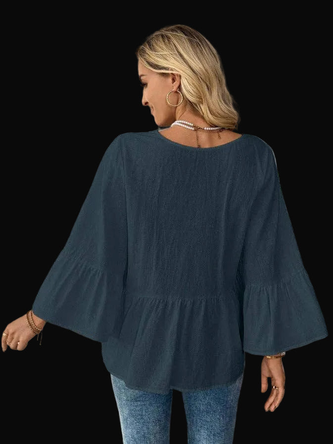 Cotton V-Neck Ruffle Sleeve Top Flowy Loose Blouse