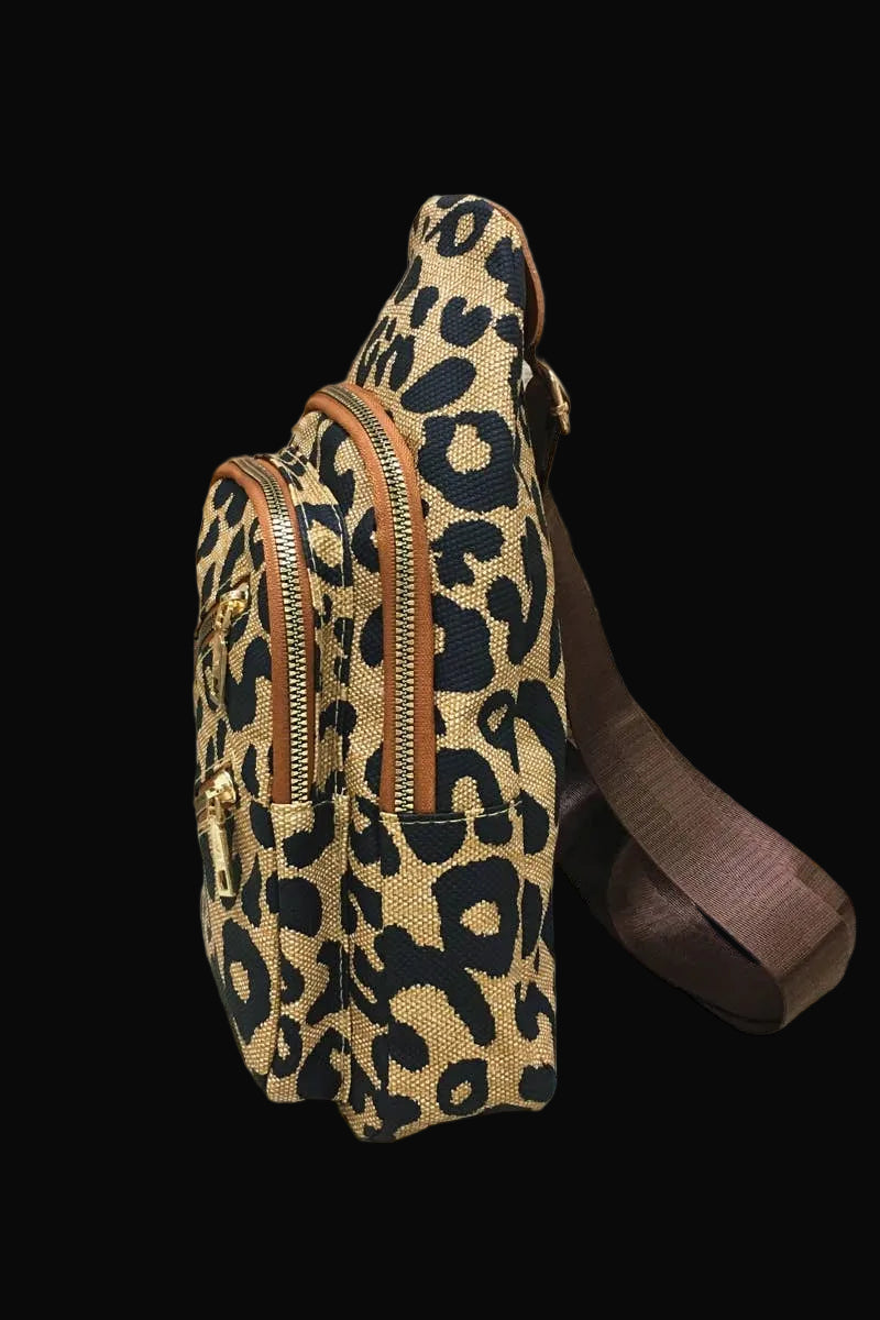 Desheng Double Zipper Crossbody Bag: Leopard